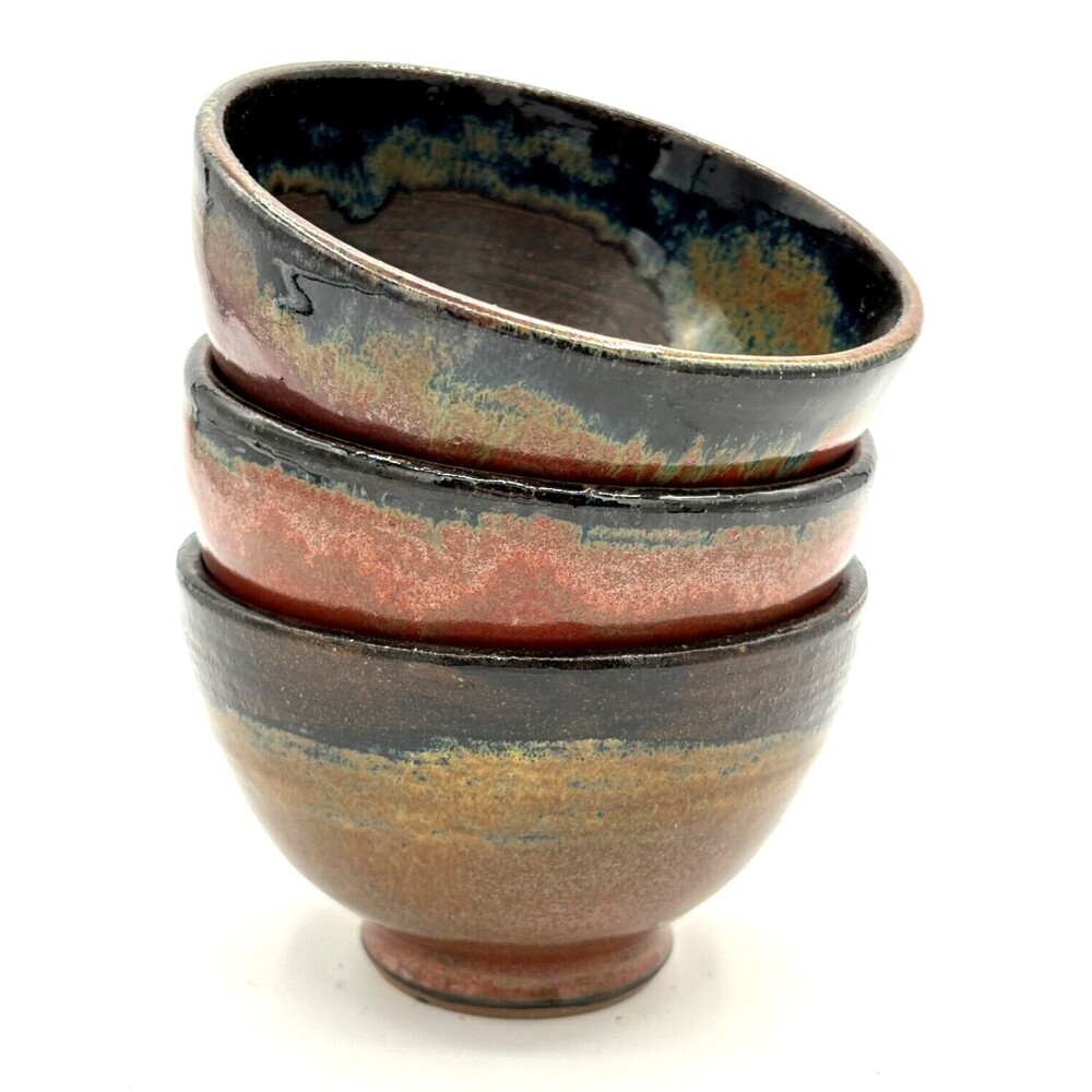 Firewood Kiln Glaze Stoneware Snack‎ Bowls Set of 3 Wheel Thrown Studio Art